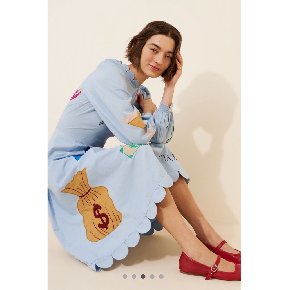 Anthropologie x Stella Nova Circus Midi Dress Blue Scalloped Embroidered Lobster - Picture 4 of 4
